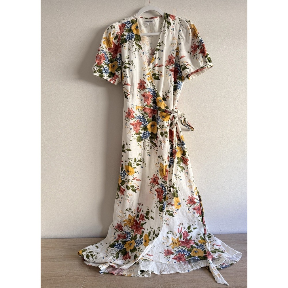 Reformation Weiss Linen Floral Wrap Dress in Chantilly Sz L NWOT - Picture 3 of 8